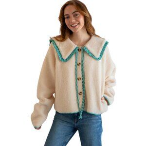 Button Front Long Sleeve Sailor Collared Sherpa Jacket Green Gingham